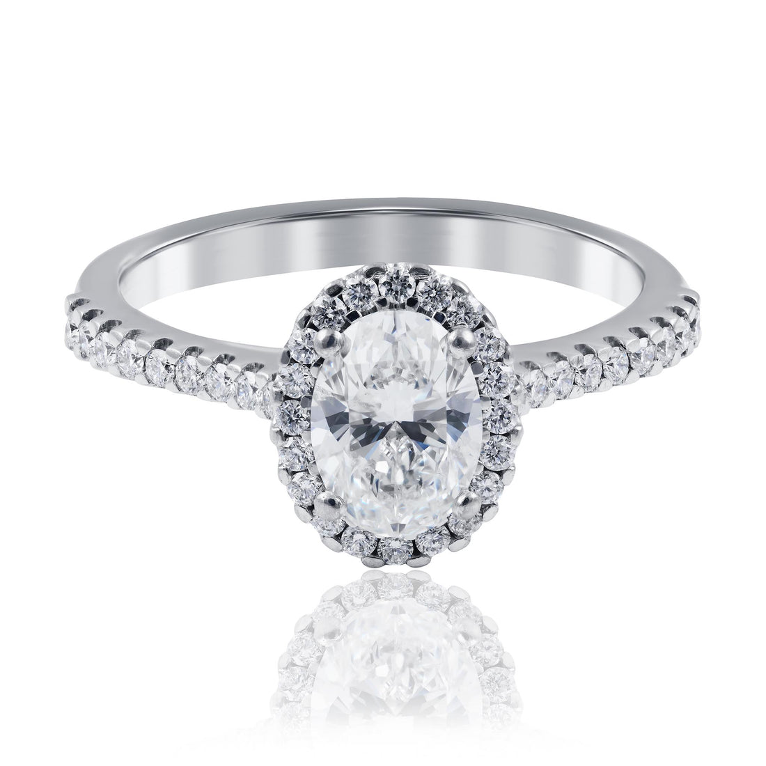 Oval diamond with halo and shoulder diamonds