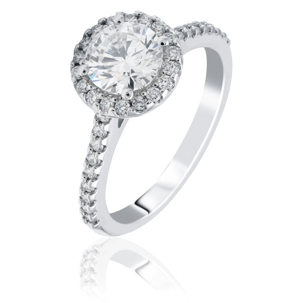 Round brilliant cut diamond with halo and shoulder diamonds