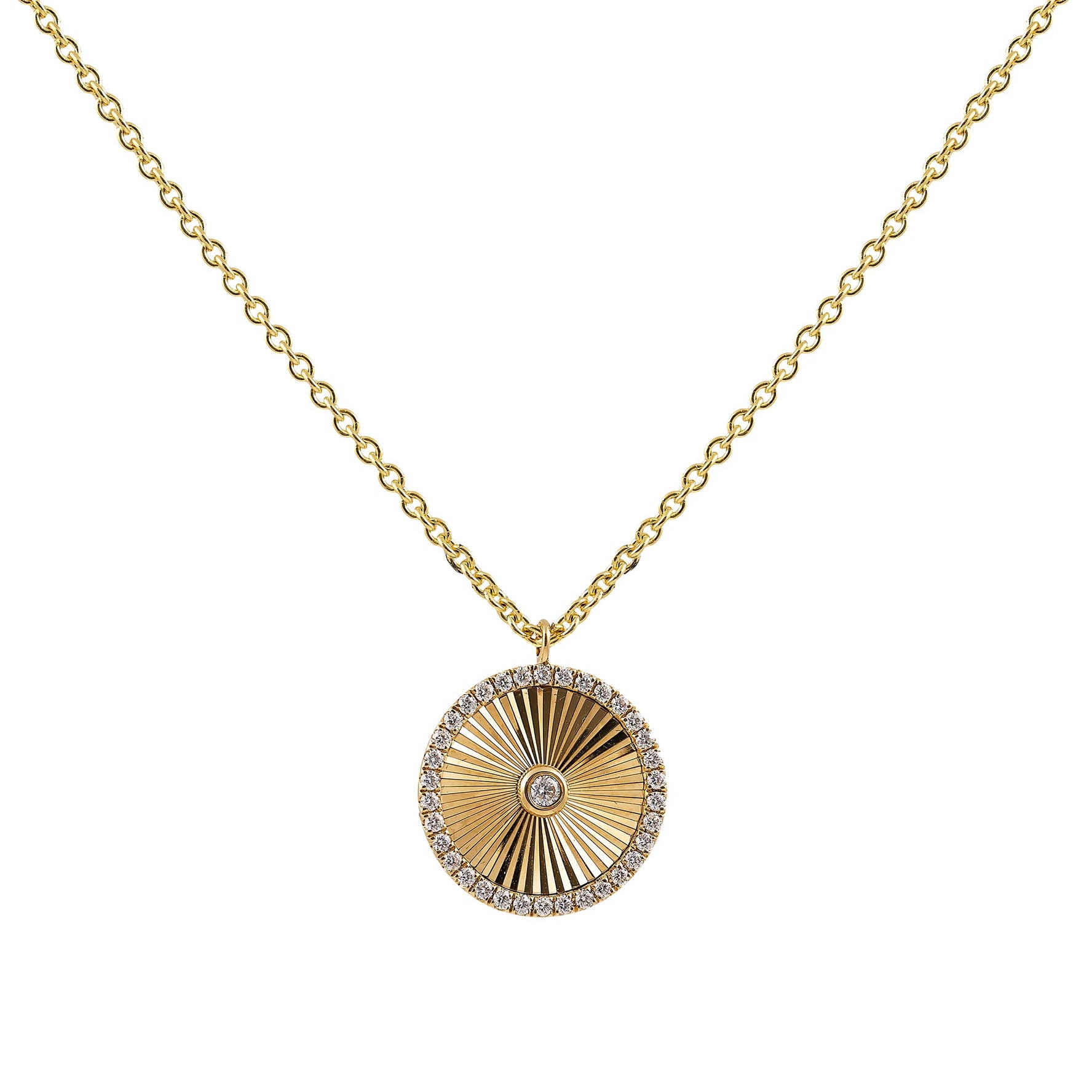 yellow gold disk diamond set pendant