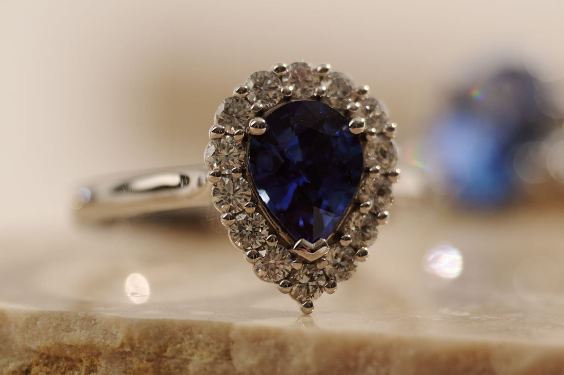 Pear Cut Ceylon Sapphire and Diamond Halo