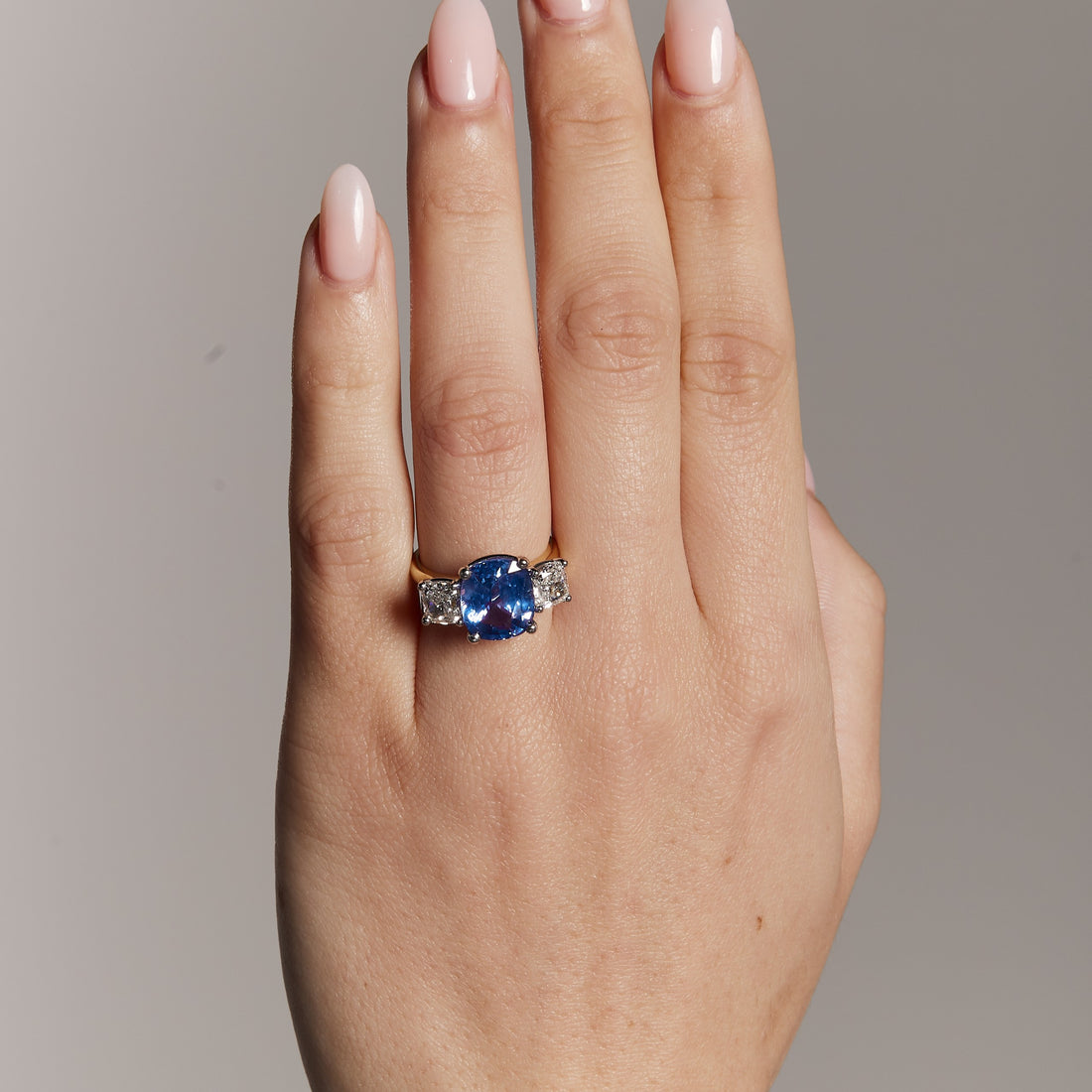 Cushion-Cut Ceylon Sapphire and Diamond Trilogy Ring