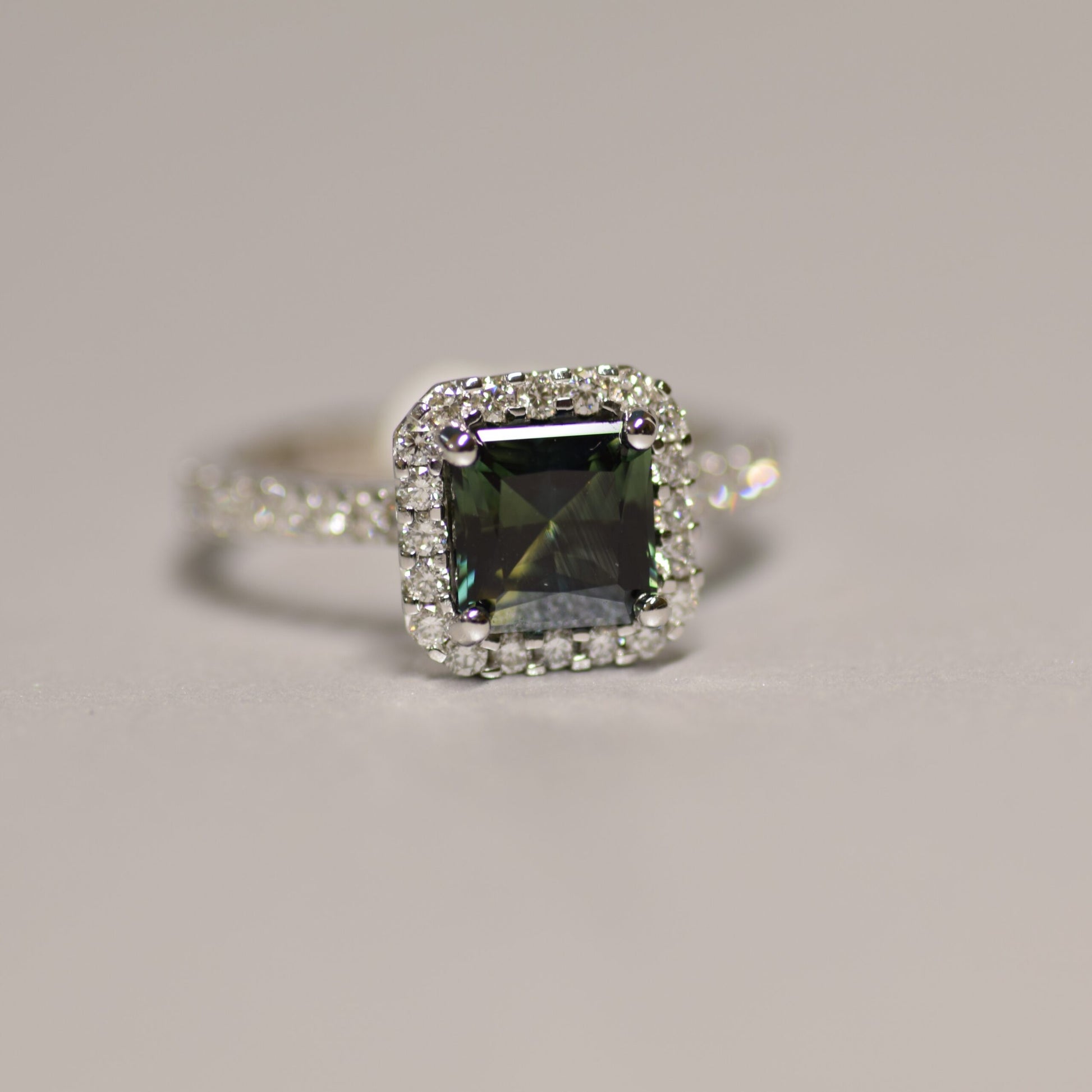 Green Sapphire and Diamond Engagement Ring