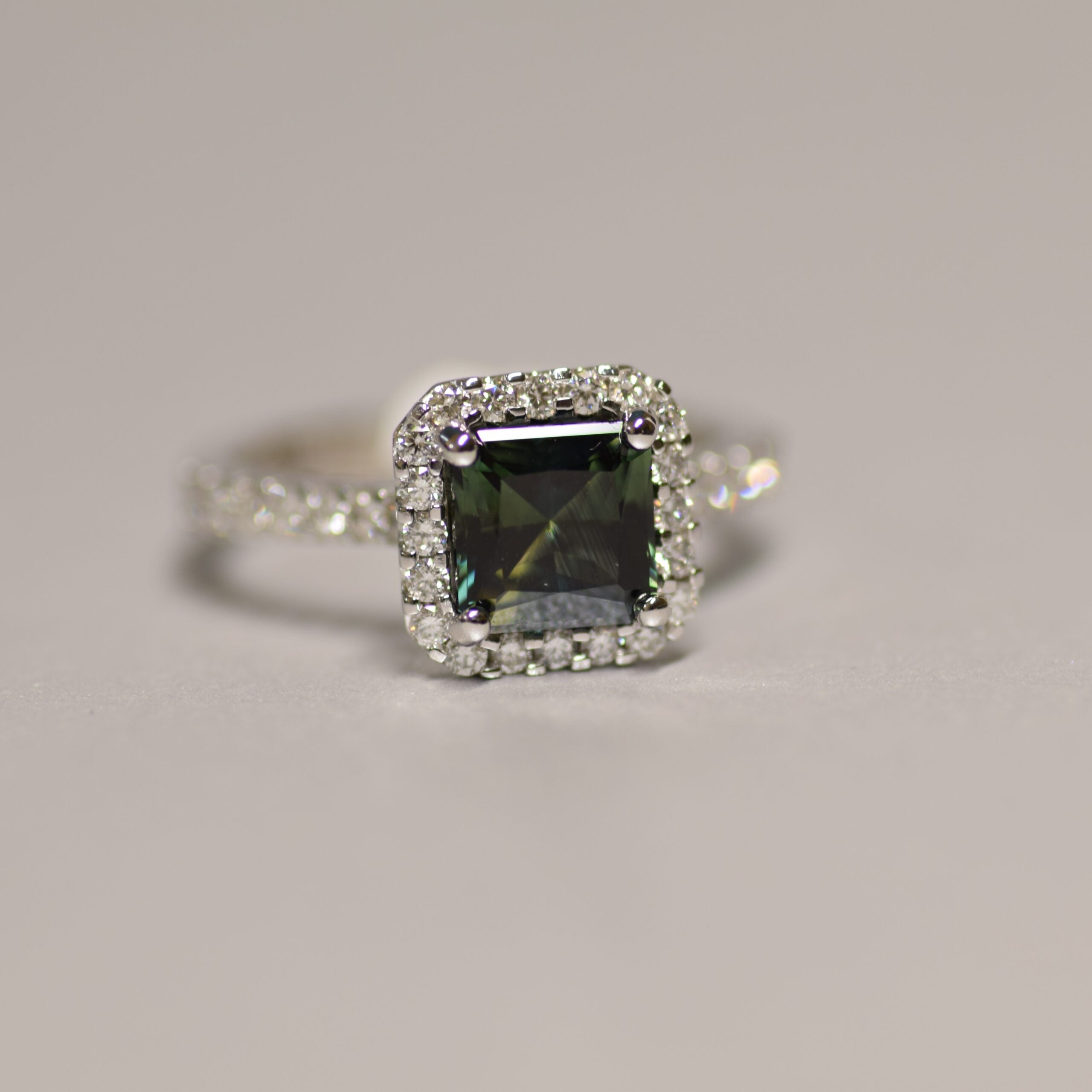 Green Sapphire and Diamond Engagement Ring