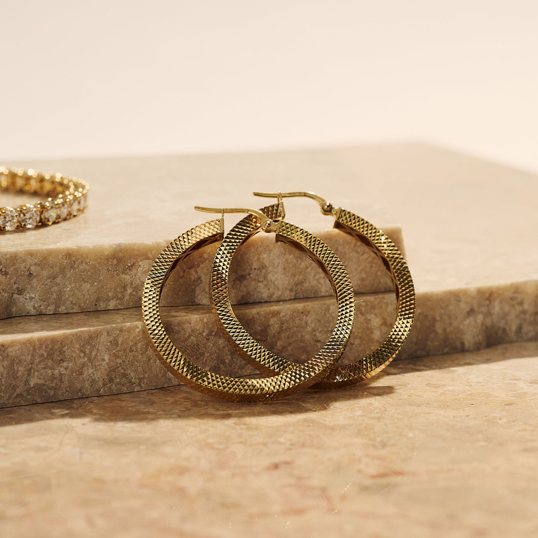 18ct Yellow Gold Diamond-Cut Textured Hoops