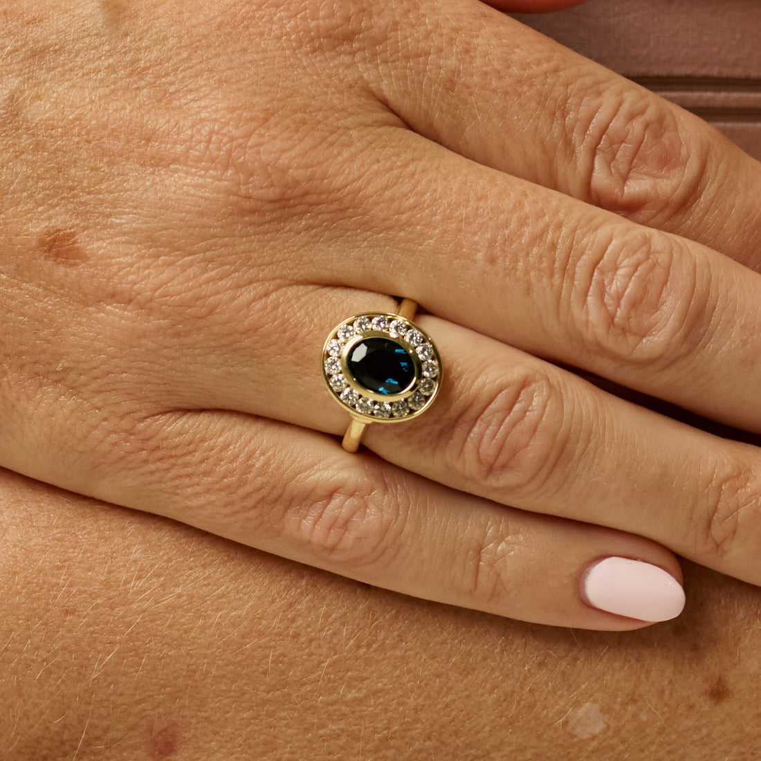 Australian Sapphire Oval Cut Bezel Halo Ring