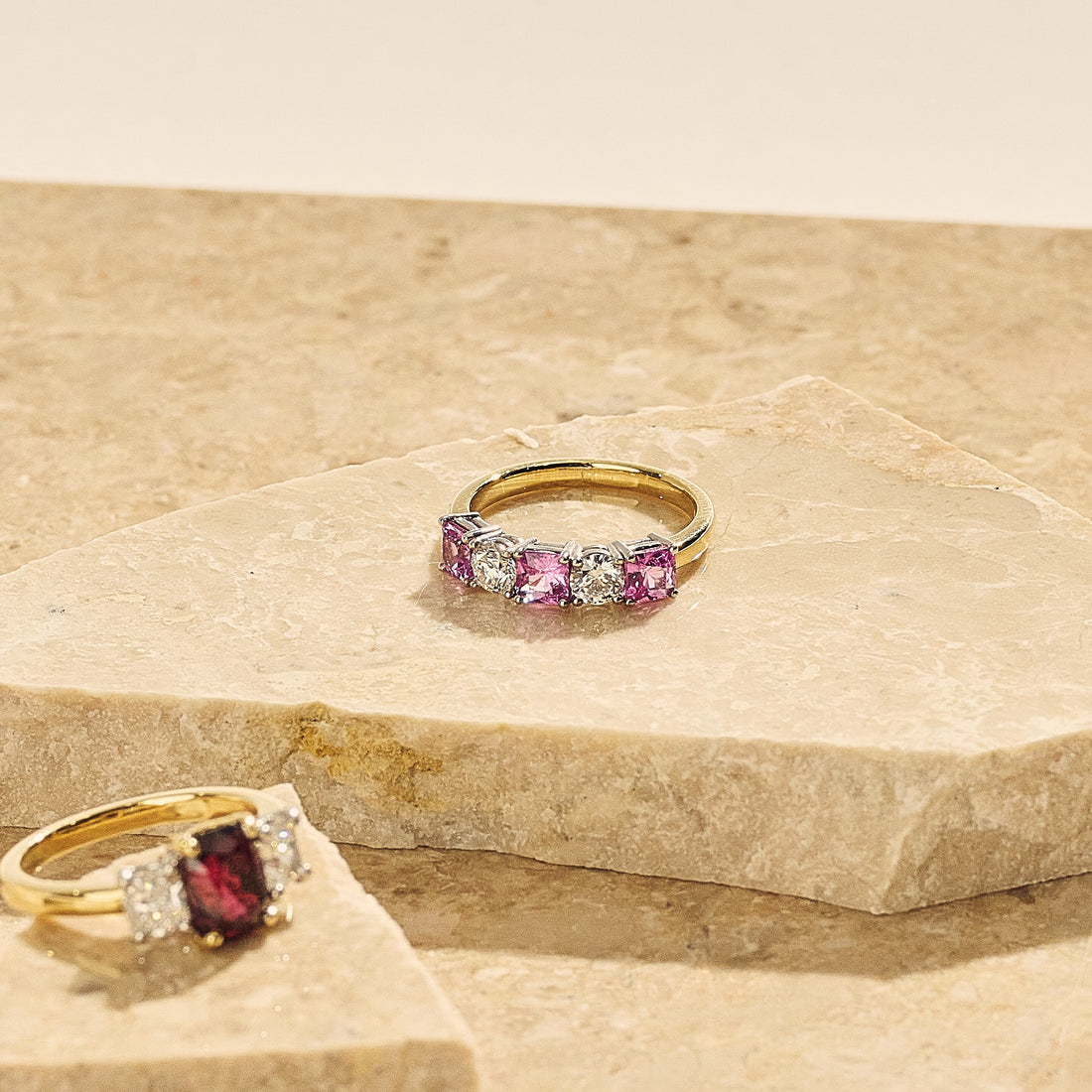 Princess Cut Pink Sapphire and Diamond Five Stone