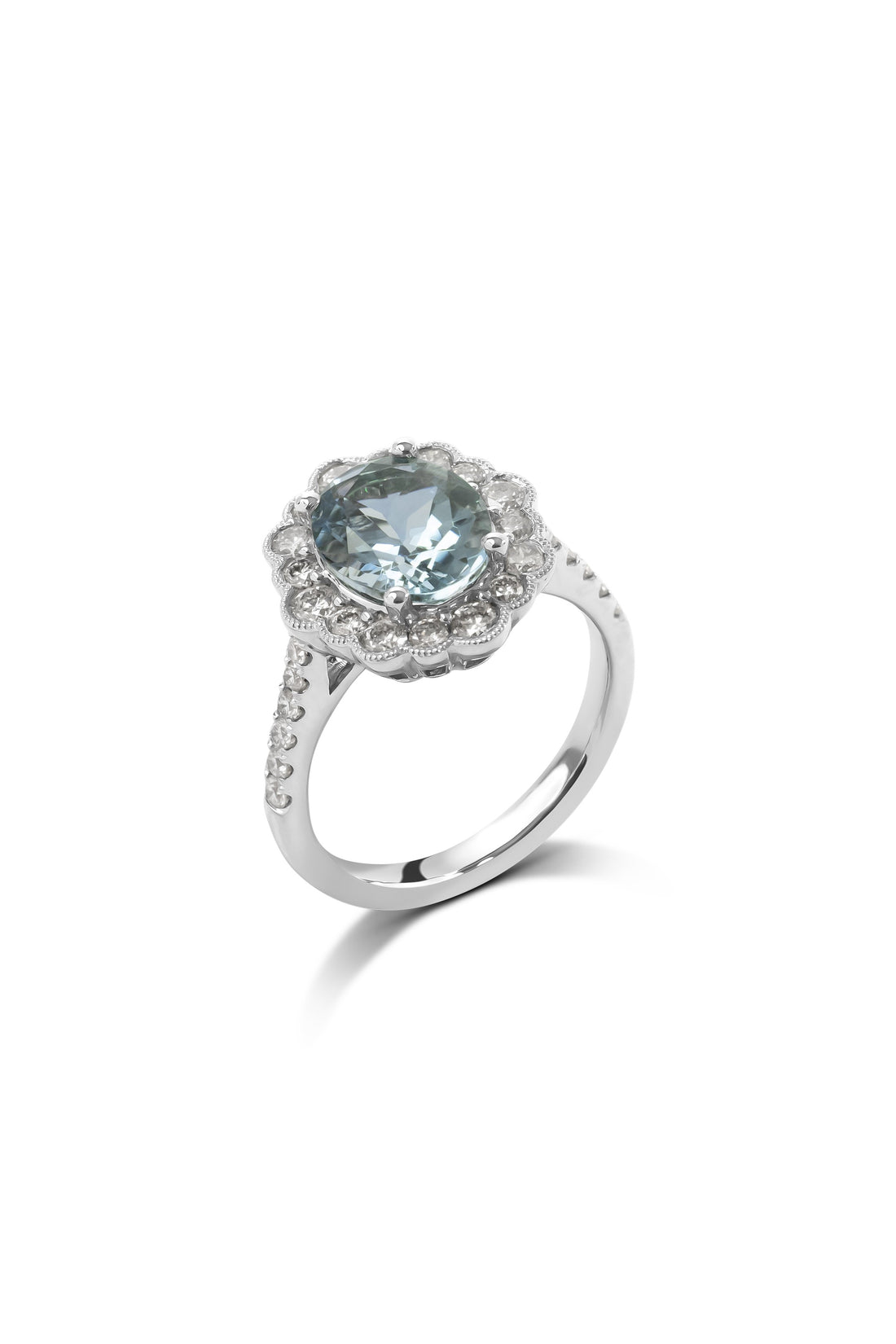 Aquamarine and Flower Style Diamond Halo