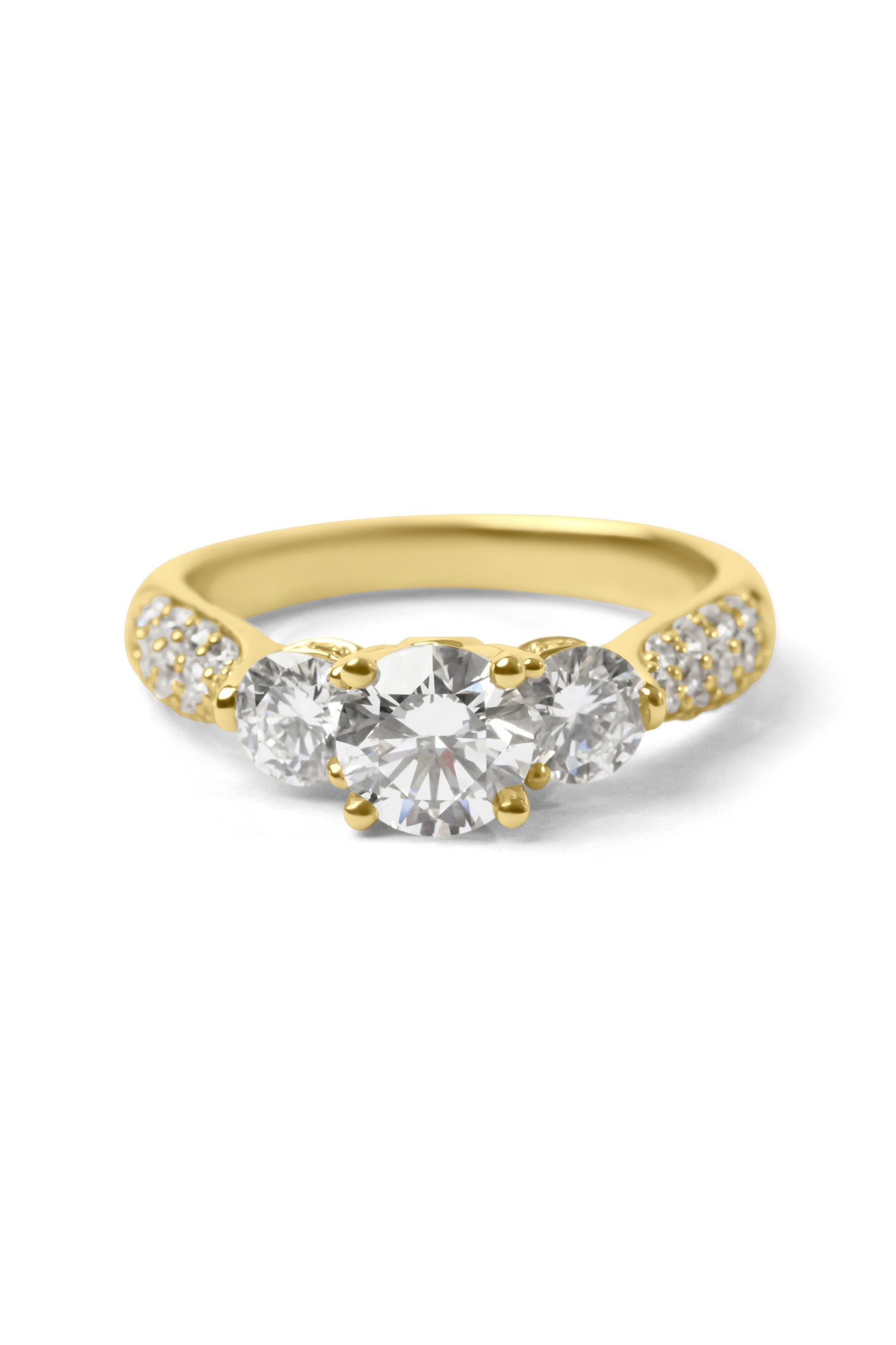 A yellow gold three-stone diamond engagement ring with a round center stone and smaller round stones on the shoulders, shown on a clean white background.