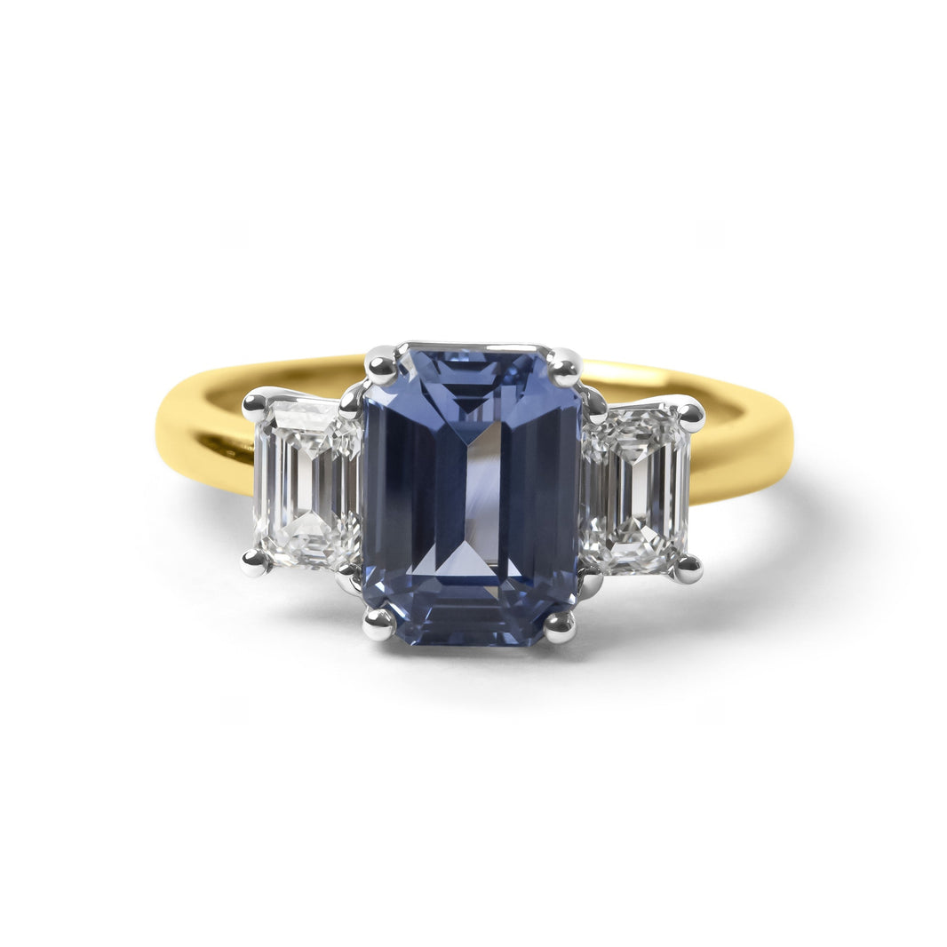 2.92ct Emerald Cut Ceylon Sapphire & Emerald Cut Diamond Trilogy