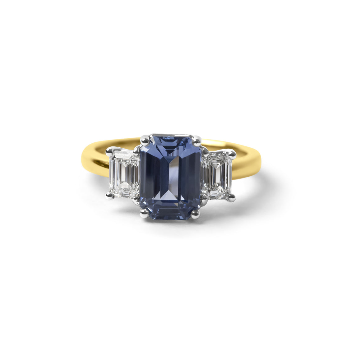 Ceylon Sapphire & Emerald Cut Diamond Trilogy