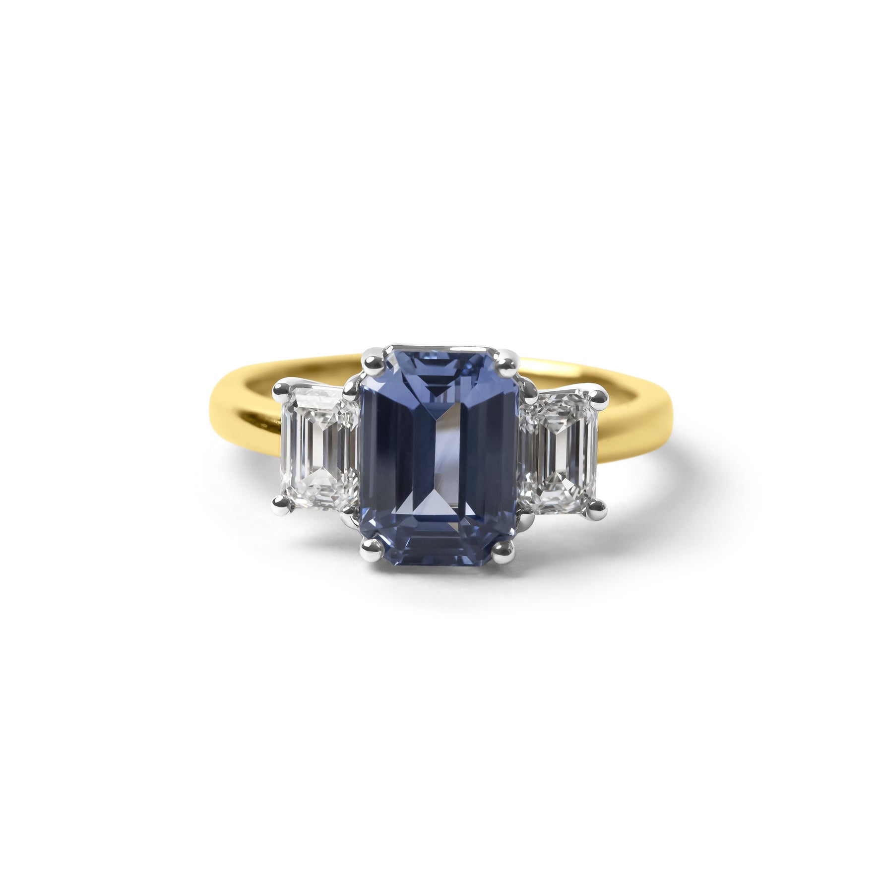 Ceylon Sapphire & Emerald Cut Diamond Trilogy