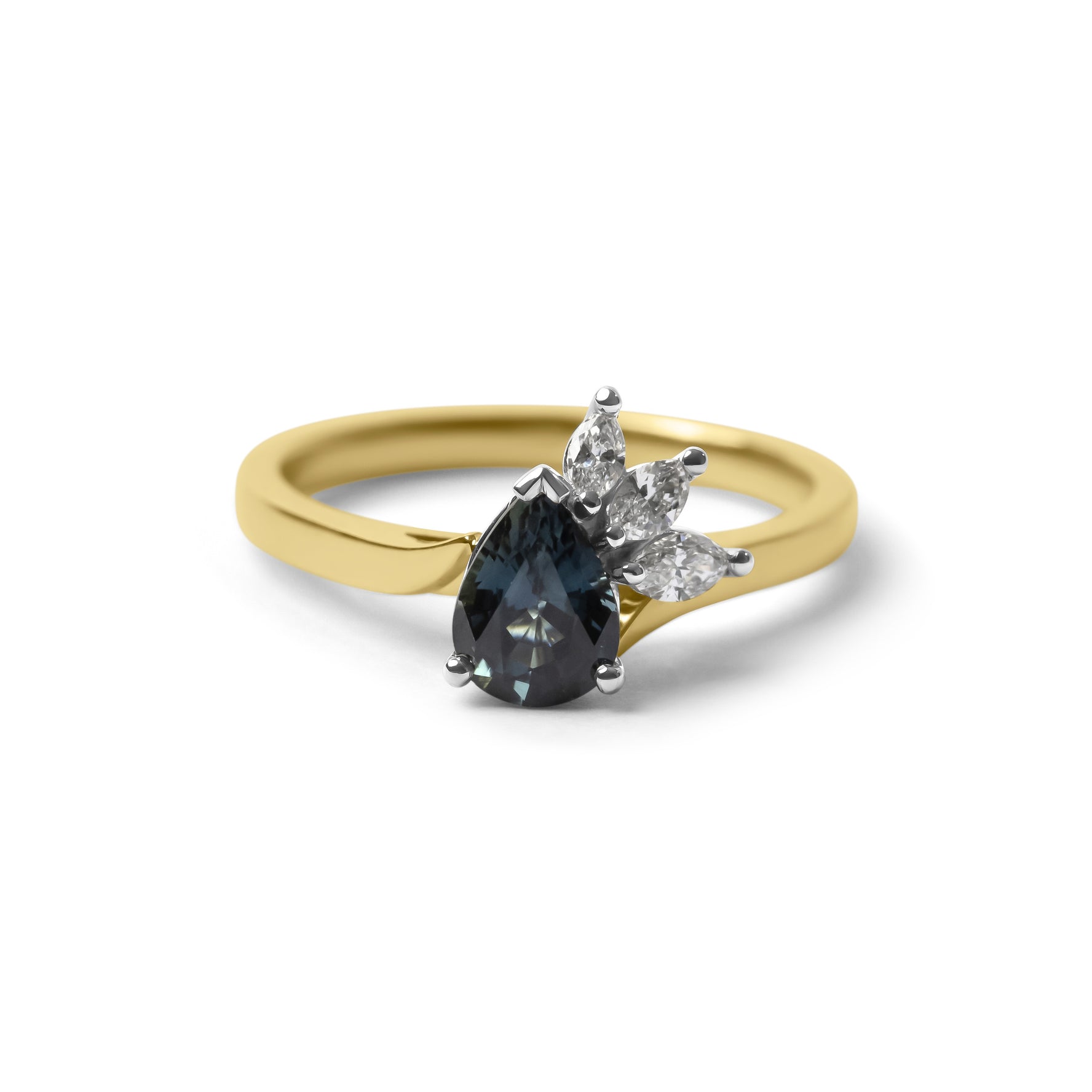 Pear Cut Teal Green Sapphire & Diamond Ring