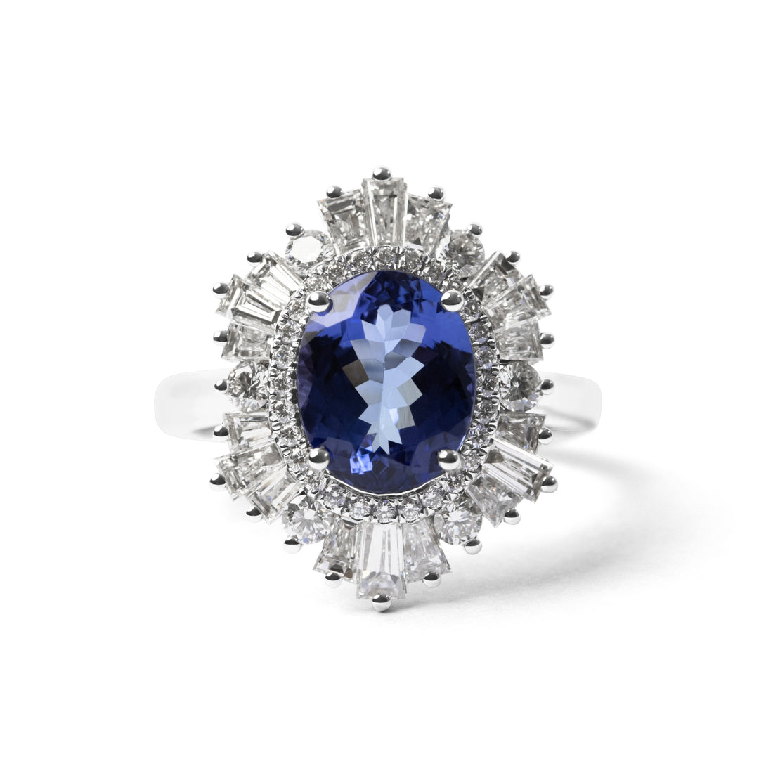 Oval Cut Tanzanite and Baguette Cut Diamond Halo