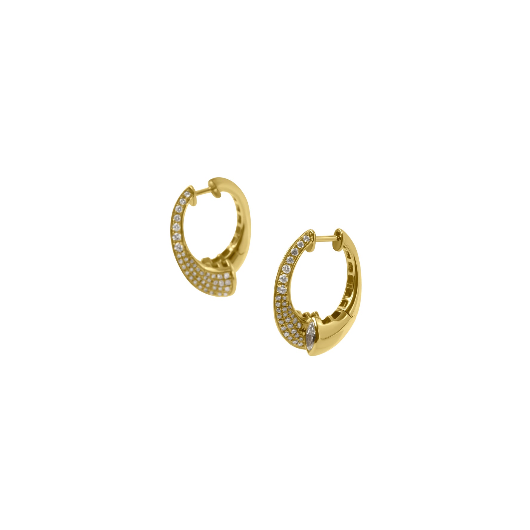 A pair of gold huggie hoop earrings with pavé-set clear stones along the front curve, shown on a plain white background.