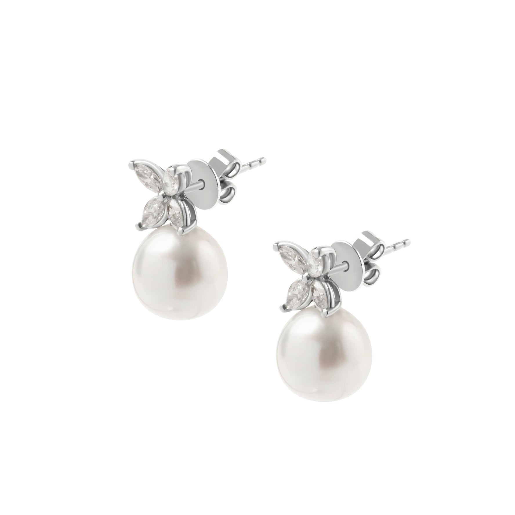 Marquise Diamond and Pearl Studs