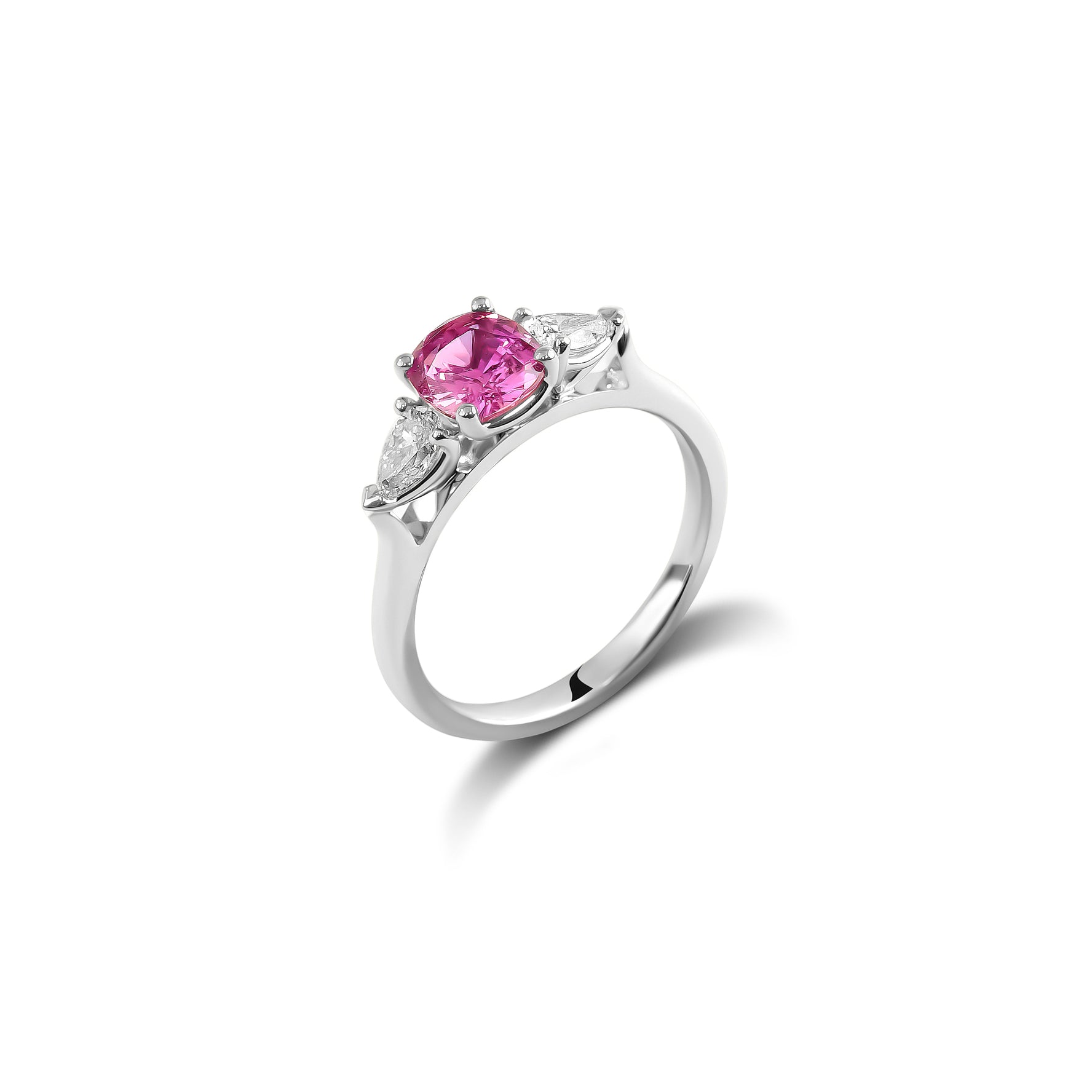 Cushion-Cut Pink Sapphire and Diamond Trilogy Ring