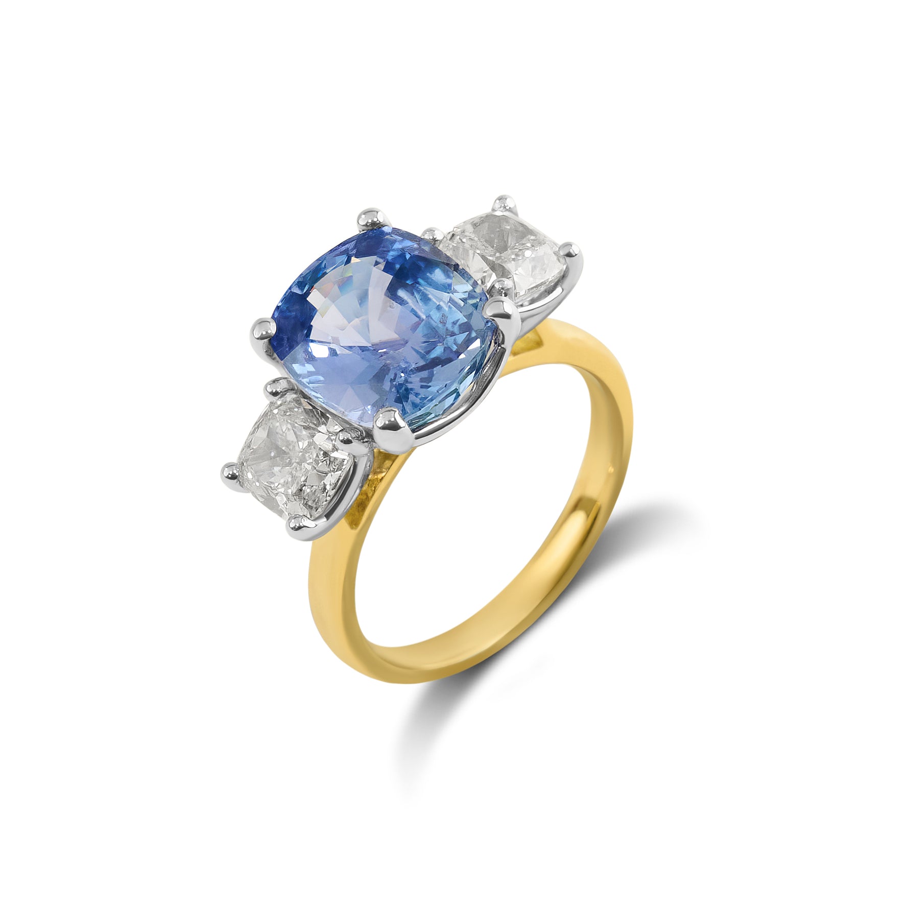 Cushion-Cut Ceylon Sapphire and Diamond Trilogy Ring