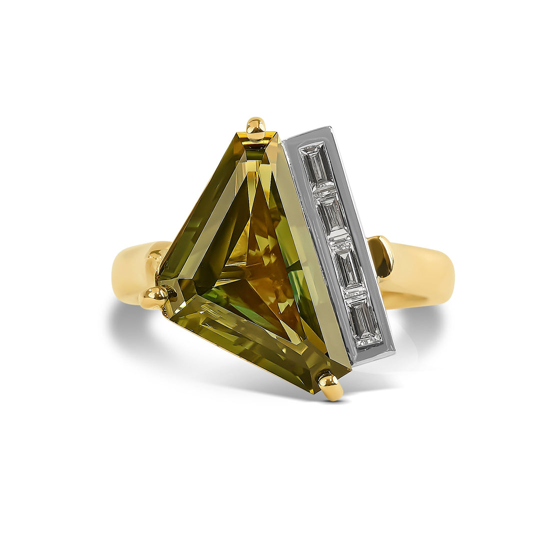 Gold ring with a green gemstone on a white background