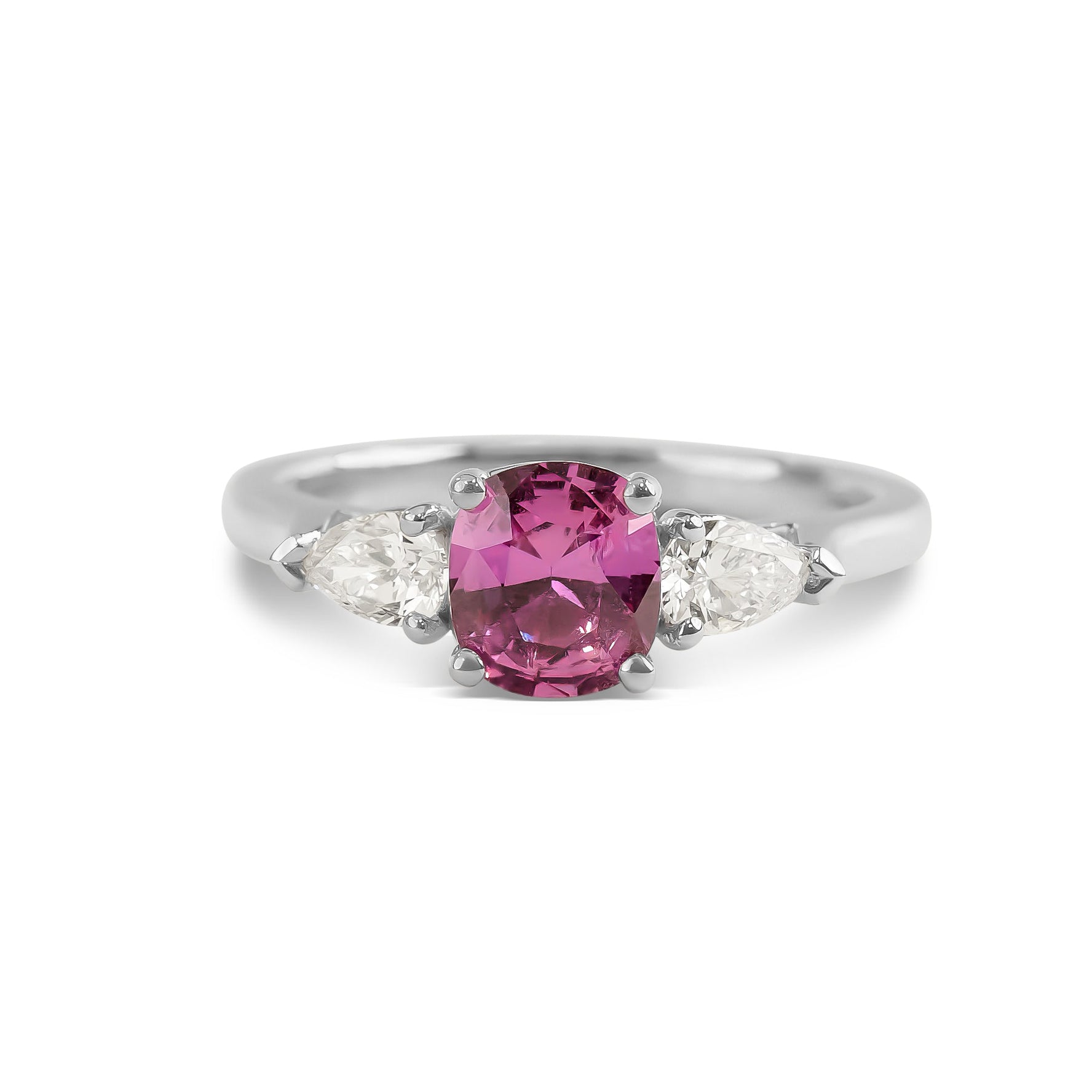 Cushion-Cut Pink Sapphire and Diamond Trilogy Ring