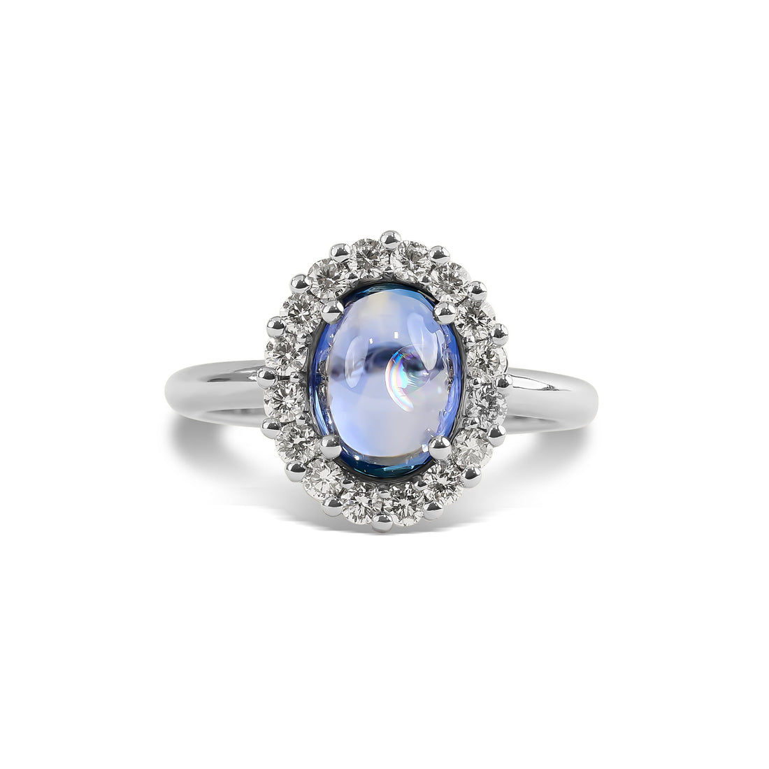Cabochon-Cut Ceylon Sapphire and Diamond Halo Ring