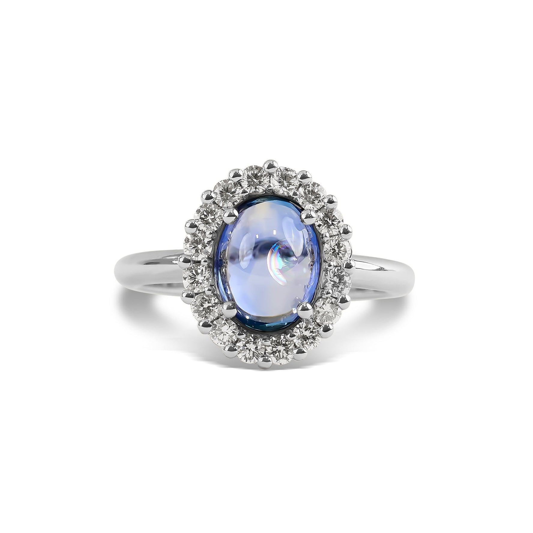 Cabochon-Cut Ceylon Sapphire and Diamond Halo Ring