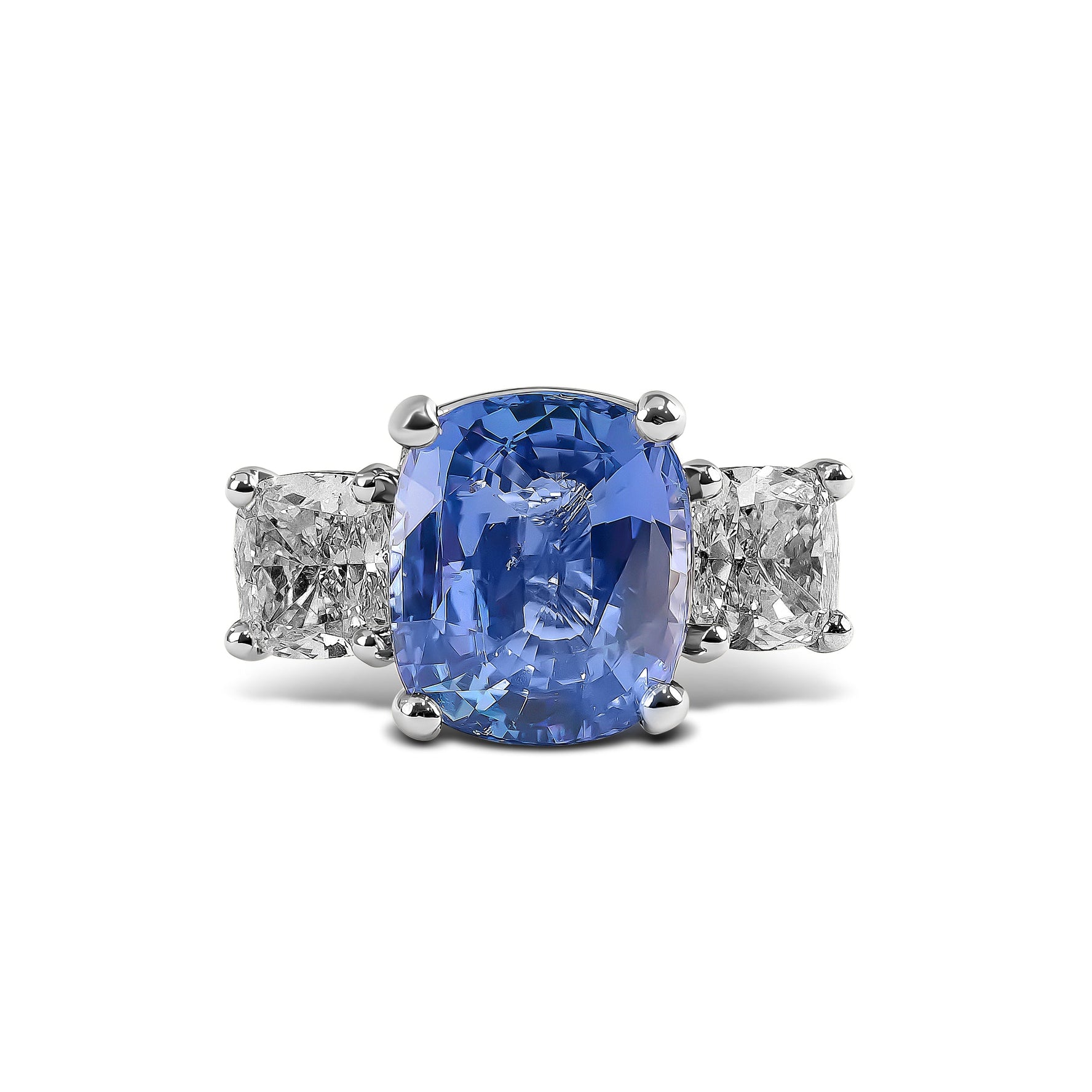Cushion-Cut Ceylon Sapphire and Diamond Trilogy Ring