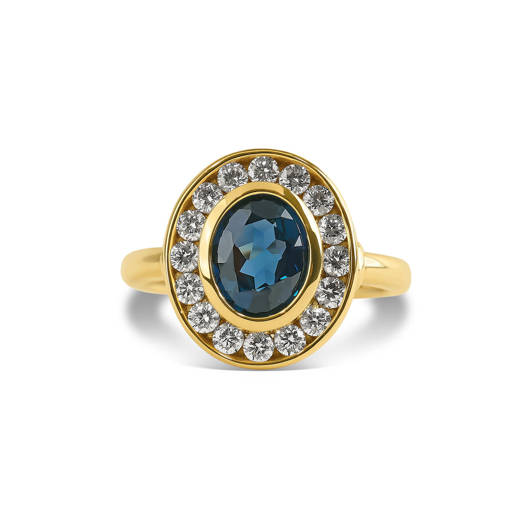 Australian Sapphire Oval Cut Bezel Halo Ring