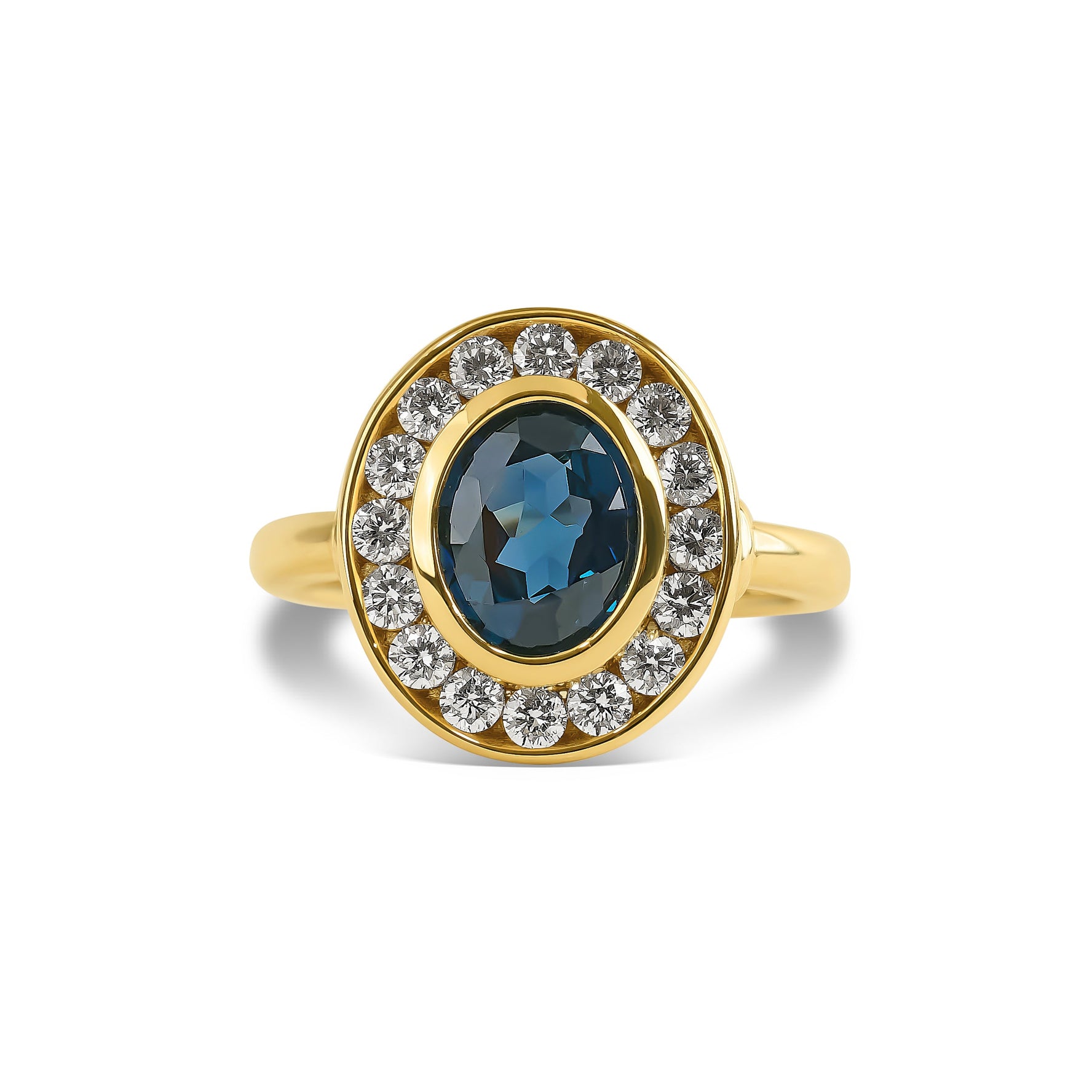 Australian Sapphire Oval Cut Bezel Halo Ring