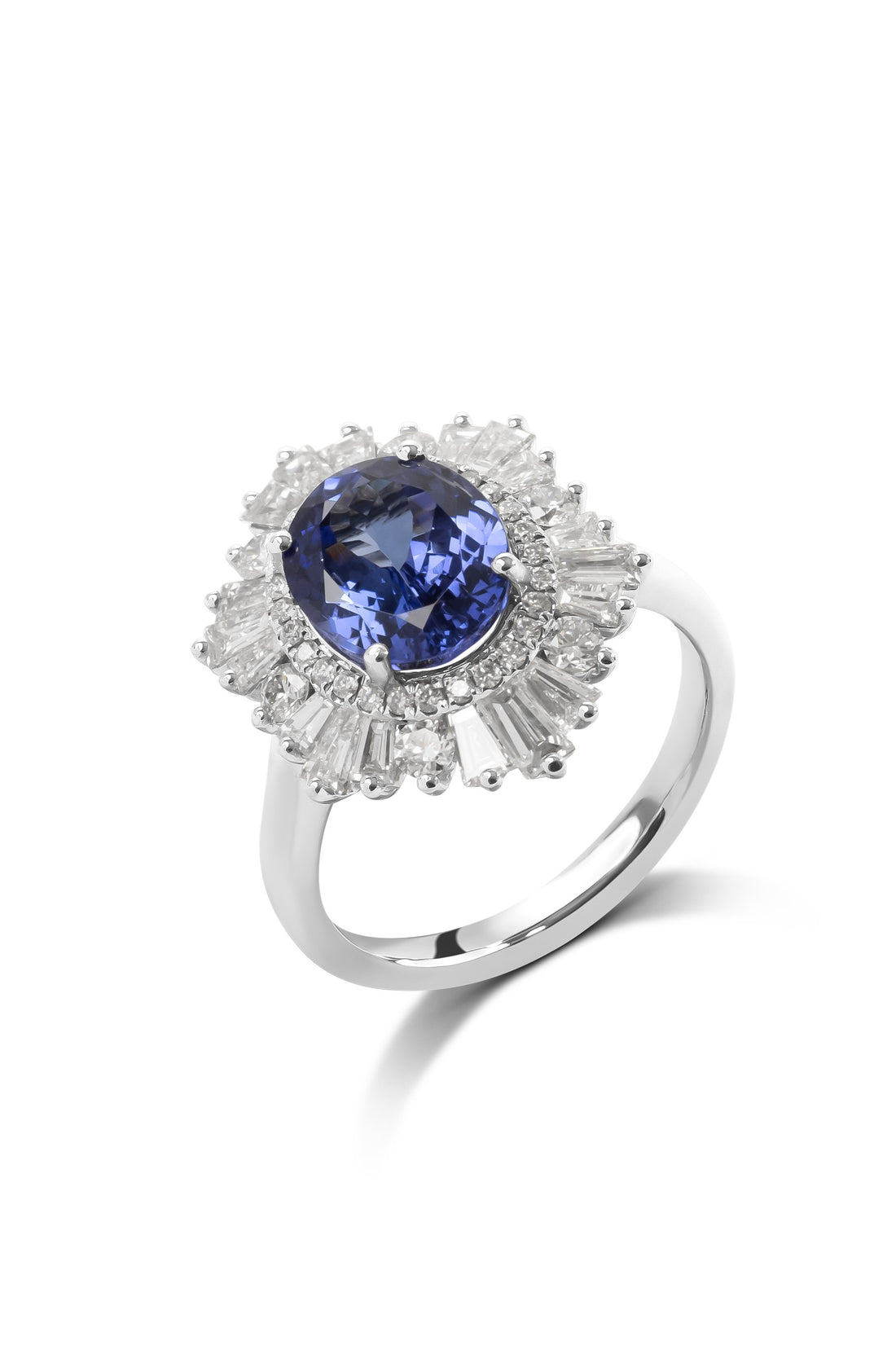 Oval Cut Tanzanite and Baguette Cut Diamond Halo