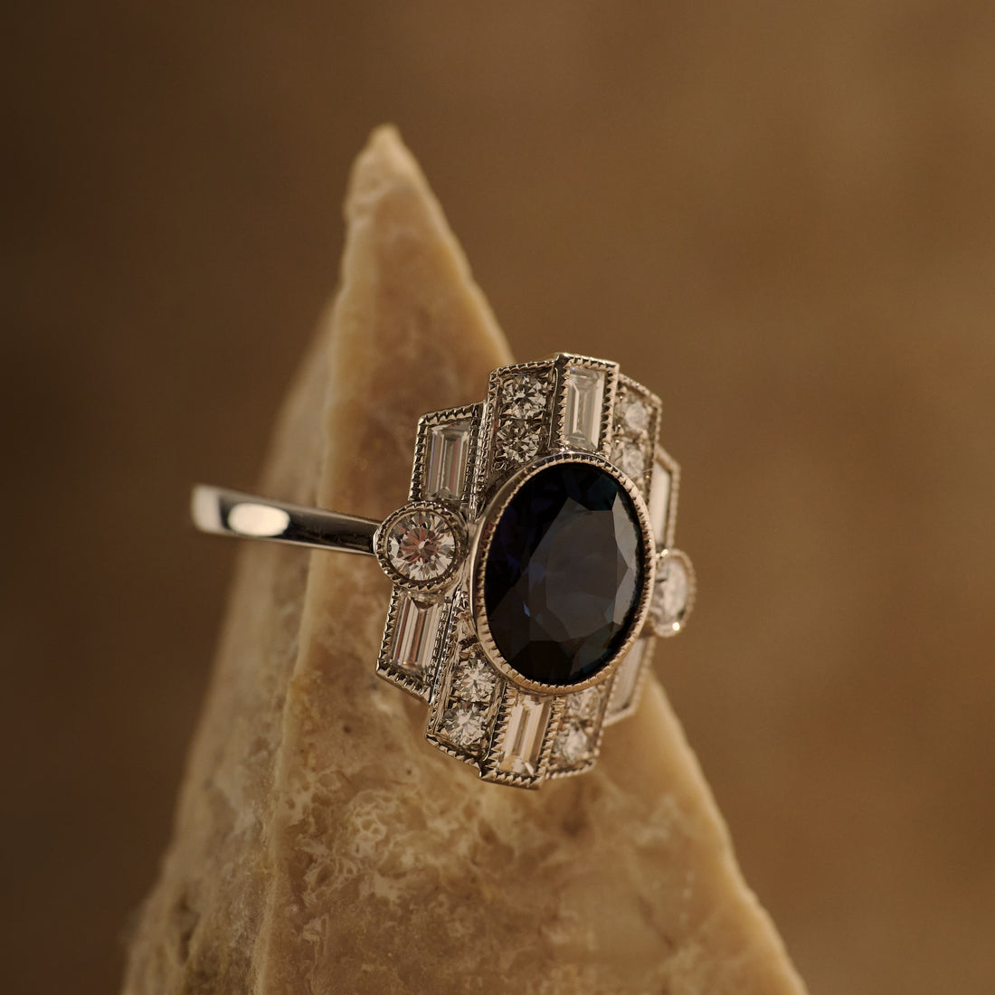 White Gold Inverell Sapphire & Diamond Art Deco Ring
