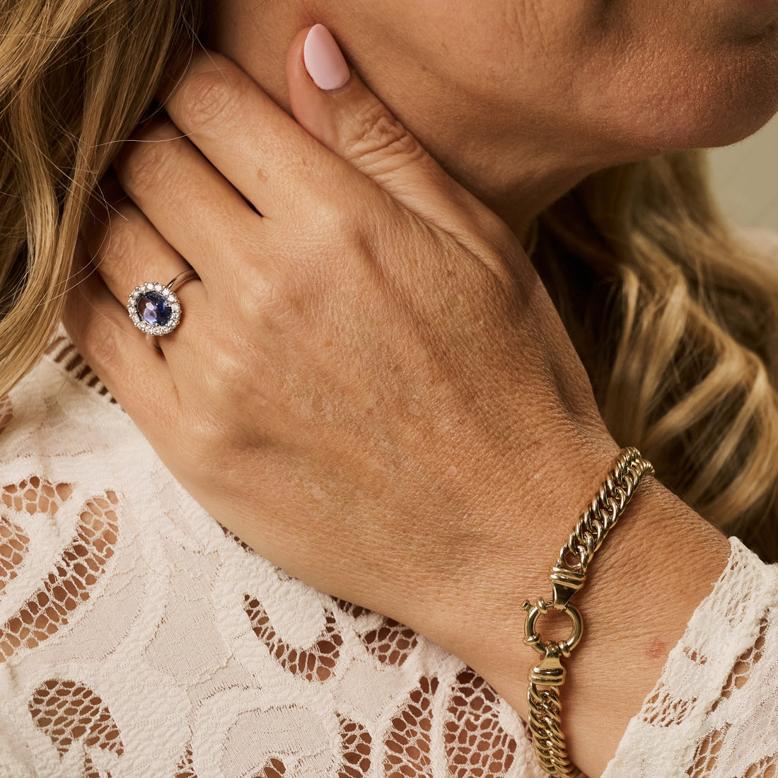 Cabochon-Cut Ceylon Sapphire and Diamond Halo Ring