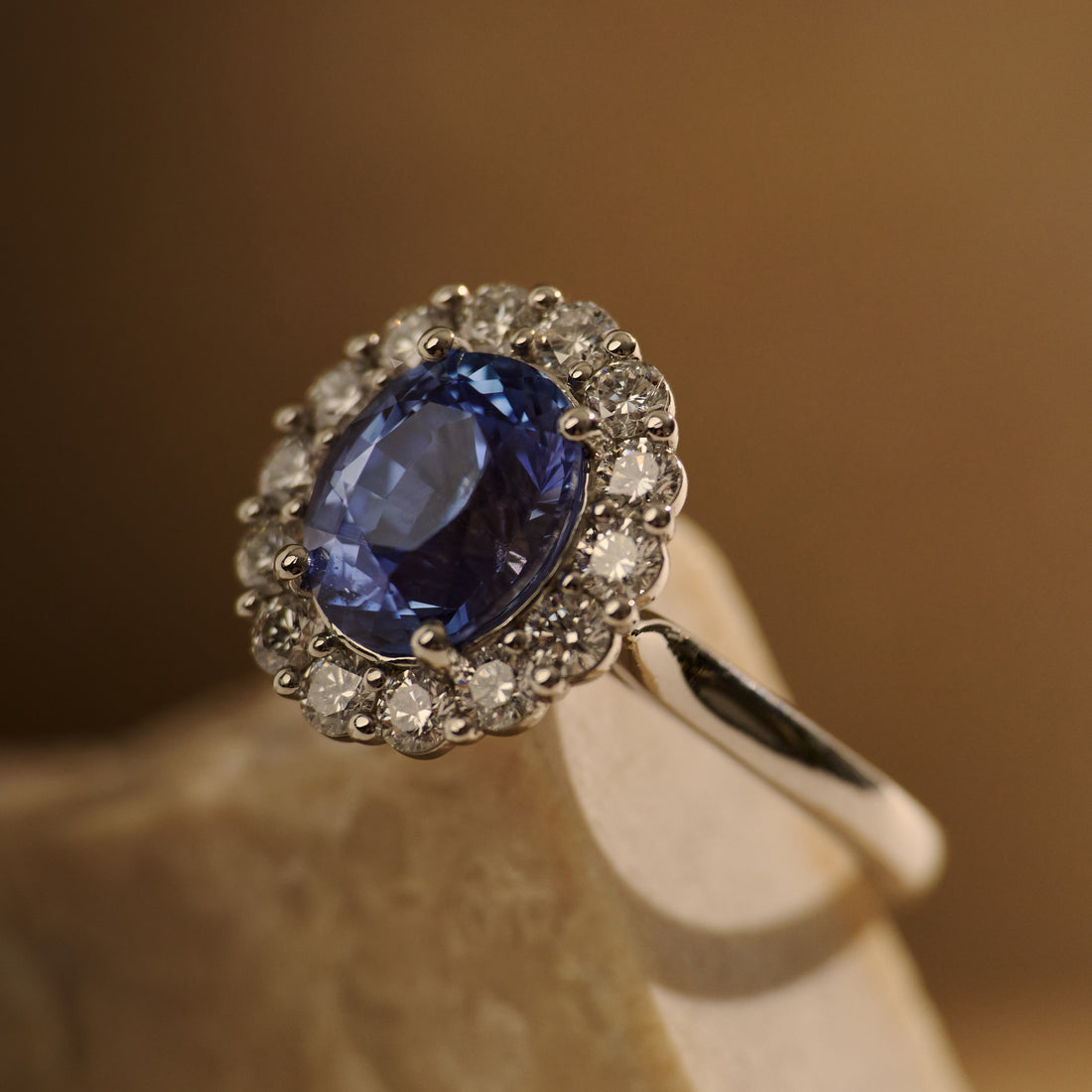 Platinum Oval Cut Ceylon Sapphire & Diamond Halo