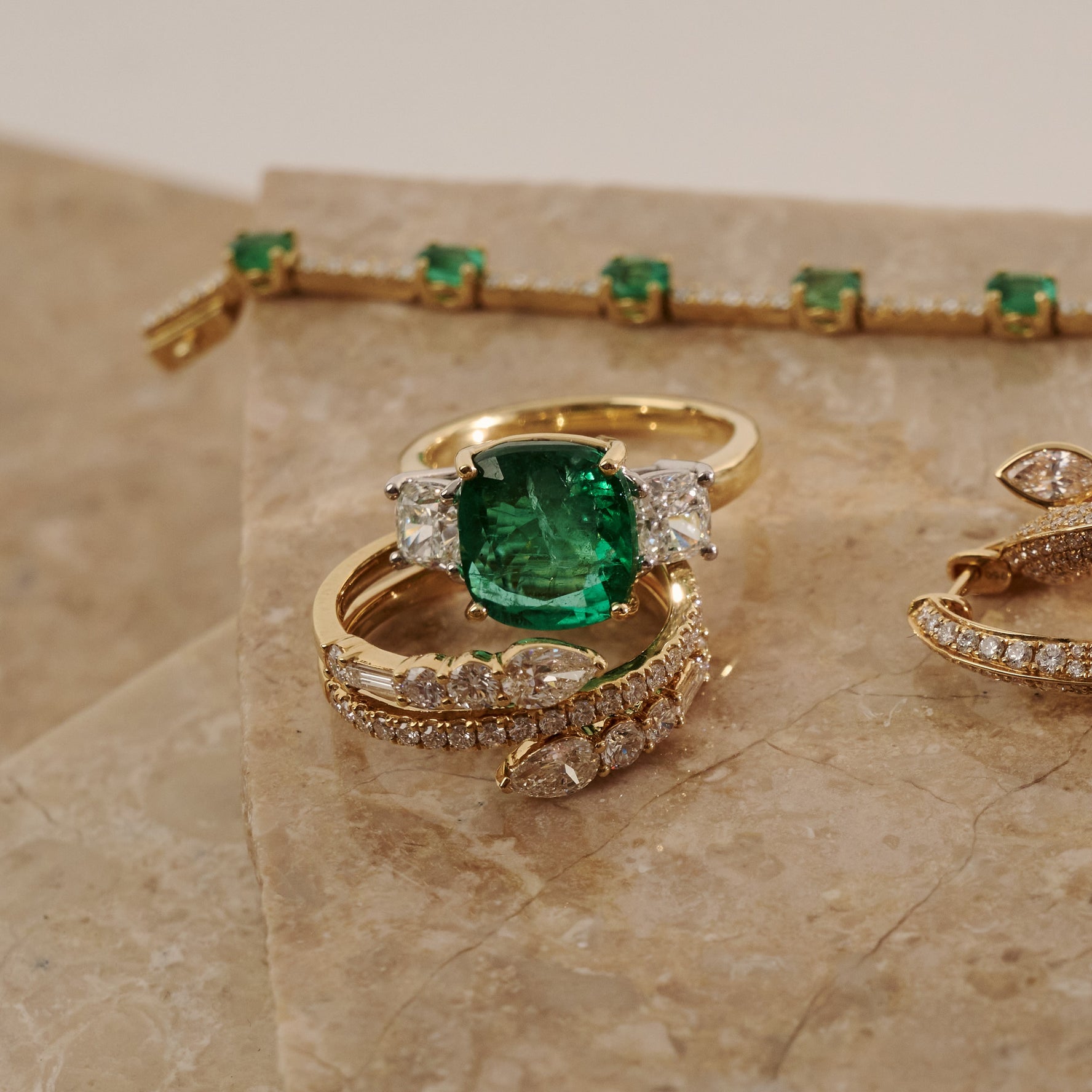 4.21ct Cushion Cut Emerald & Diamond Trilogy
