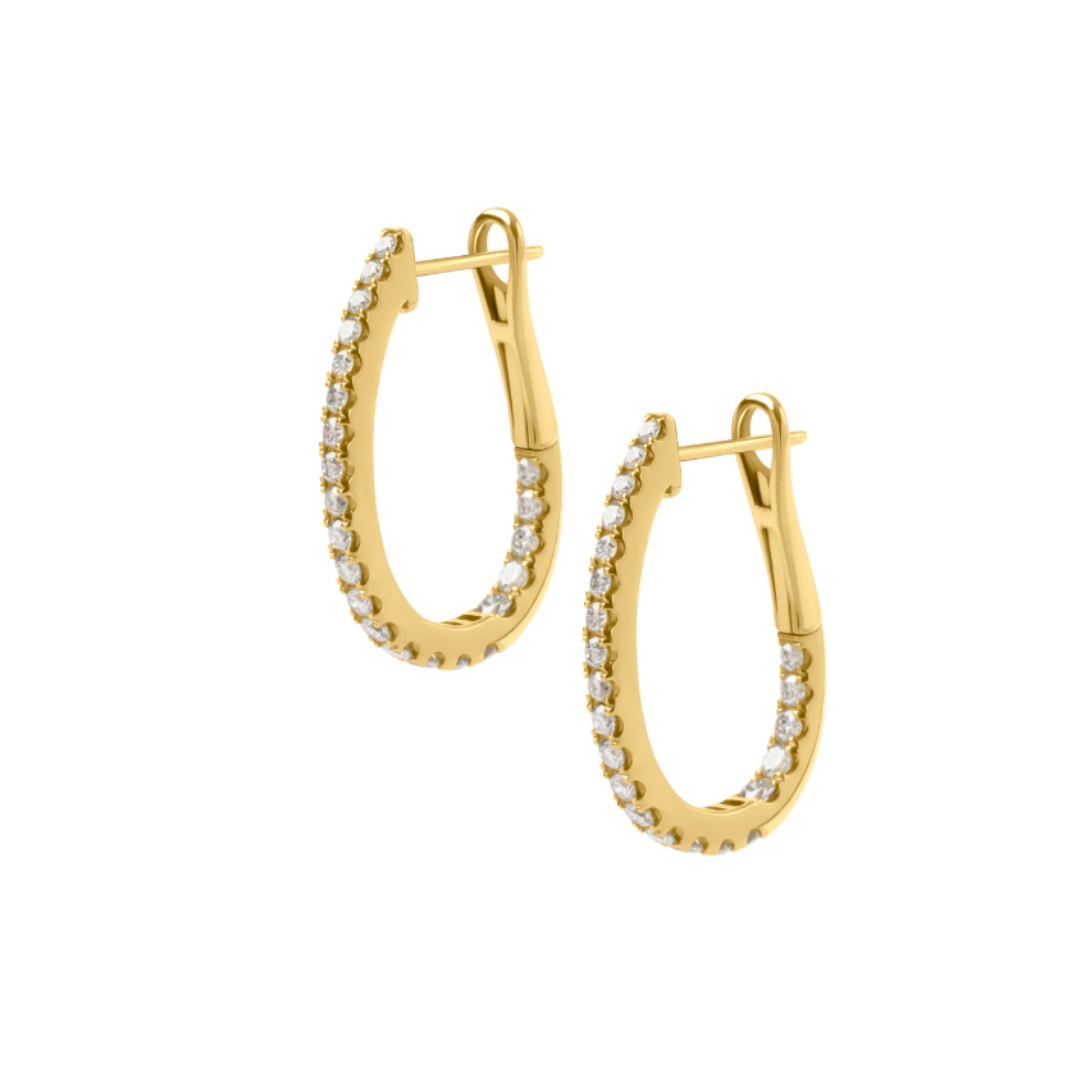 A pair of gold hoop earrings with a row of small clear stones along the front, displayed on a solid white background.