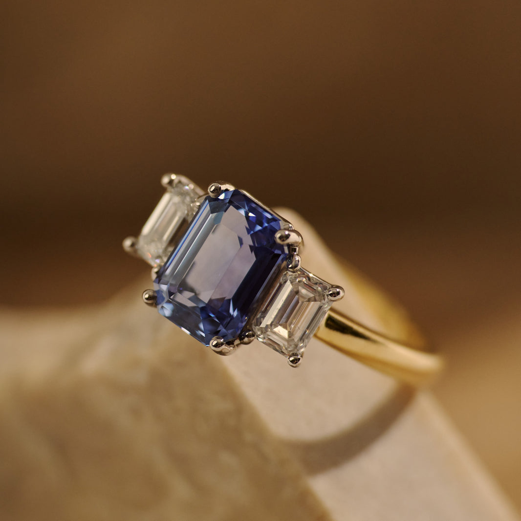 2.92ct Emerald Cut Ceylon Sapphire & Emerald Cut Diamond Trilogy