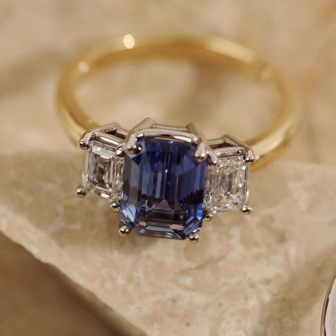 Ceylon Sapphire & Emerald Cut Diamond Trilogy