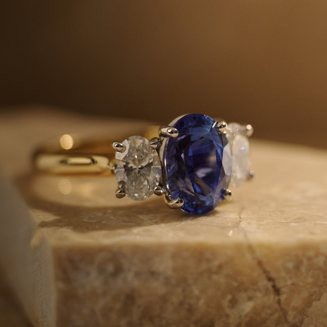 Oval Cut Ceylon Sapphire & Diamond Trilogy