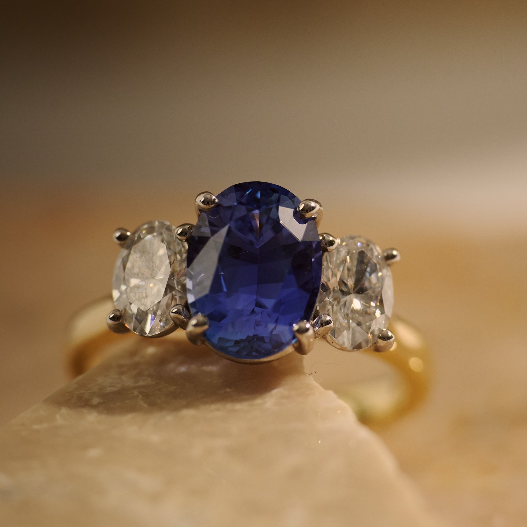 Oval Cut Ceylon Sapphire & Diamond Trilogy