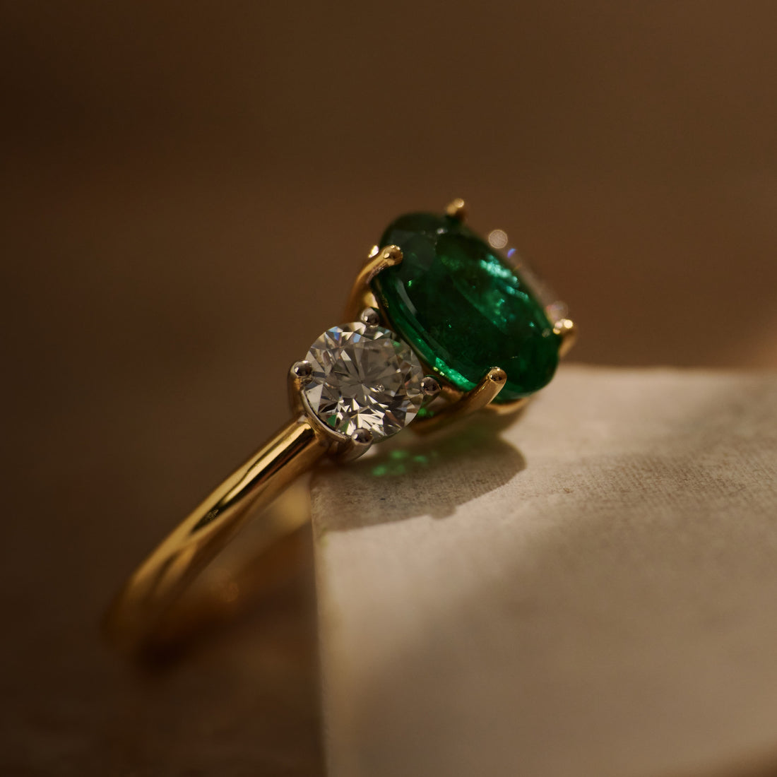 Oval Cut Natural Emerald & Diamond Trilogy