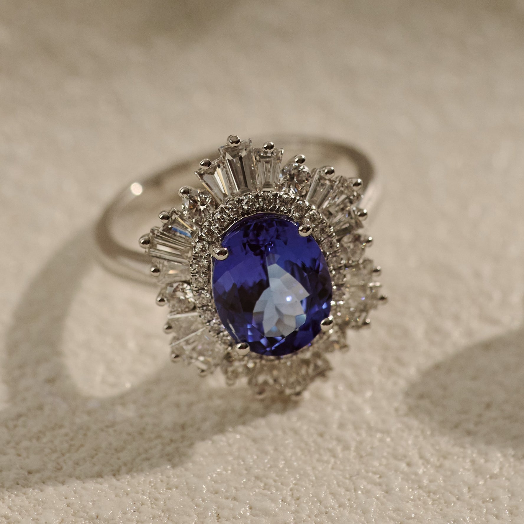 2.70ct Oval Cut Tanzanite and Baguette Cut Diamond Halo