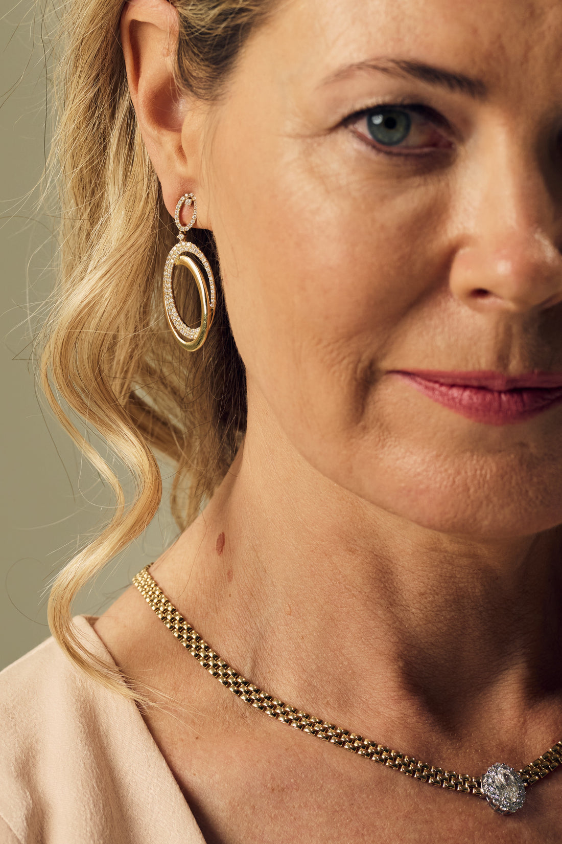 Gold and Diamond Set Oval Drop Earrings