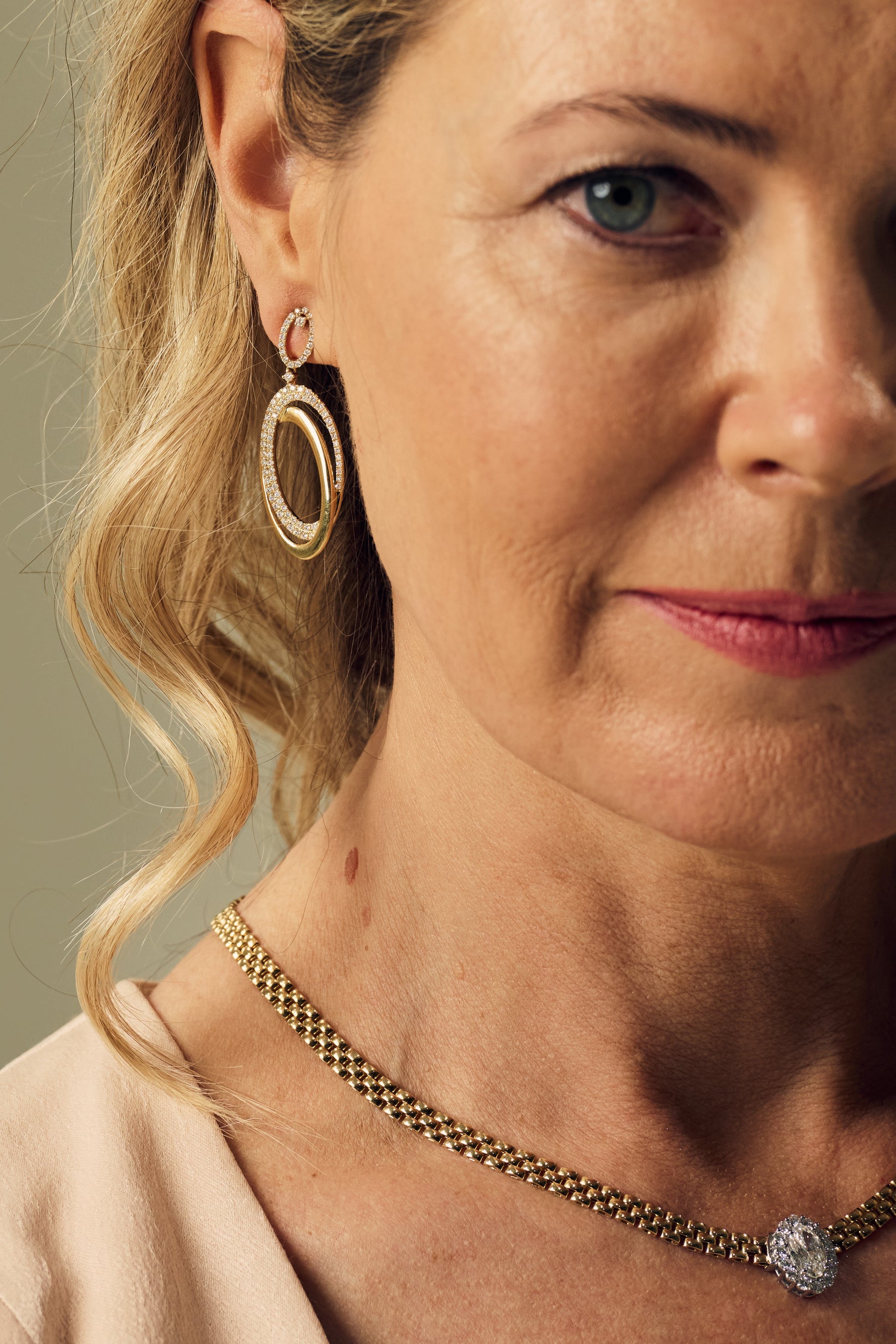 Gold and Diamond Set Oval Drop Earrings