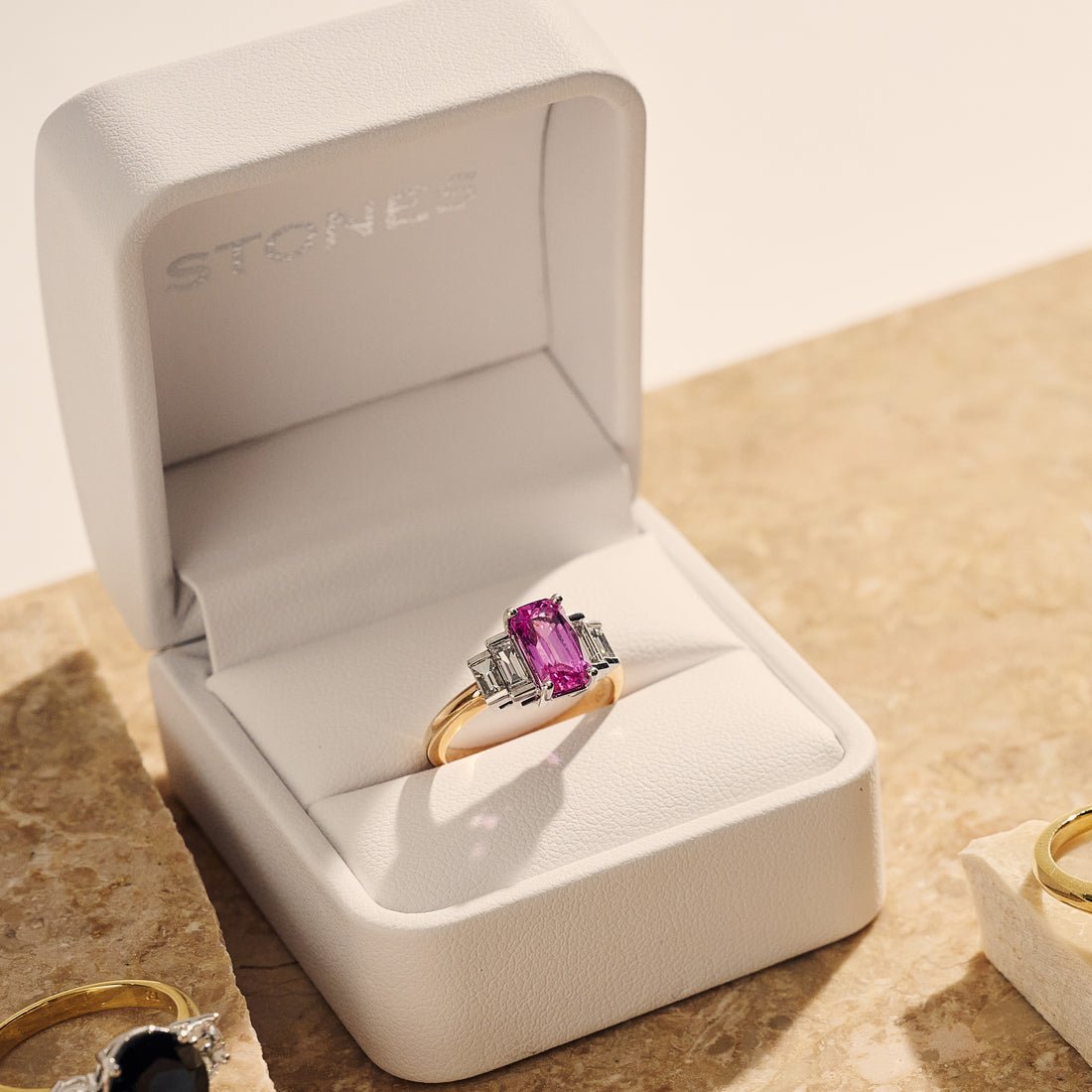 Pink Sapphire and Baguette Cut Diamond