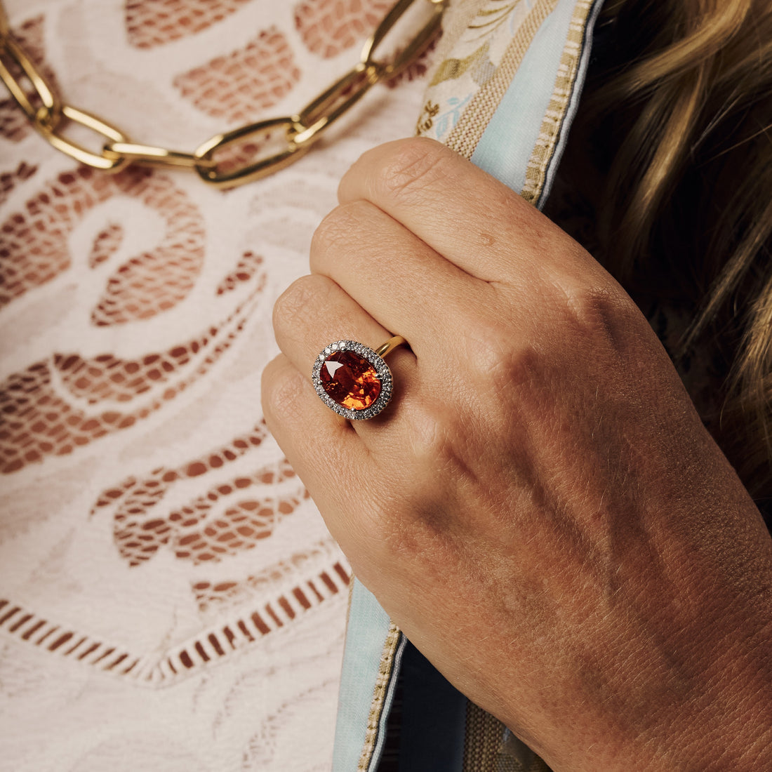 Spessartite Garnet & Diamond Halo Ring